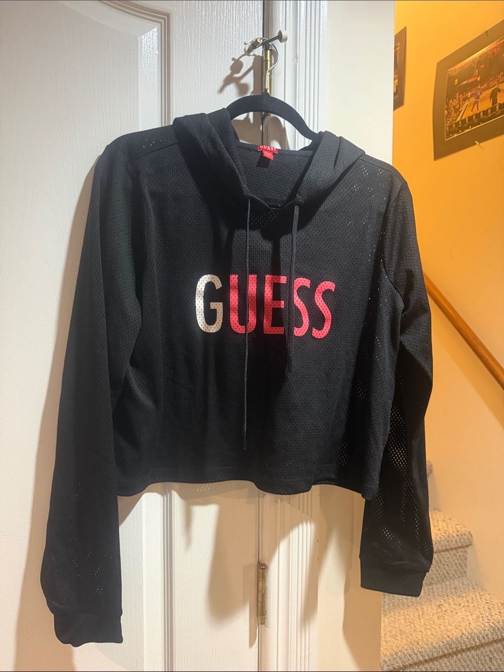 Women’s Guess Black Mesh Hoodie with Gradient Pink Logo (L)